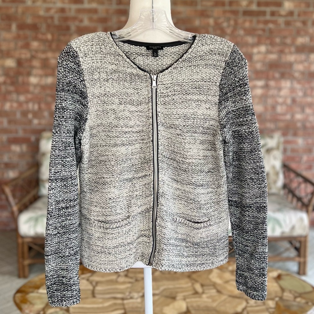 Talbots Gray Boucle Metallic Silver Knit Full Zip Jacket SP Quiet Luxury